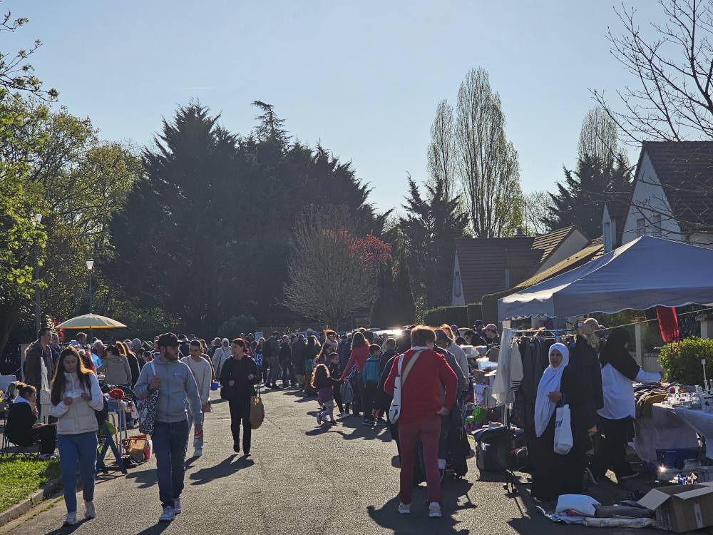 Allée ensoleillée du vide-greniers